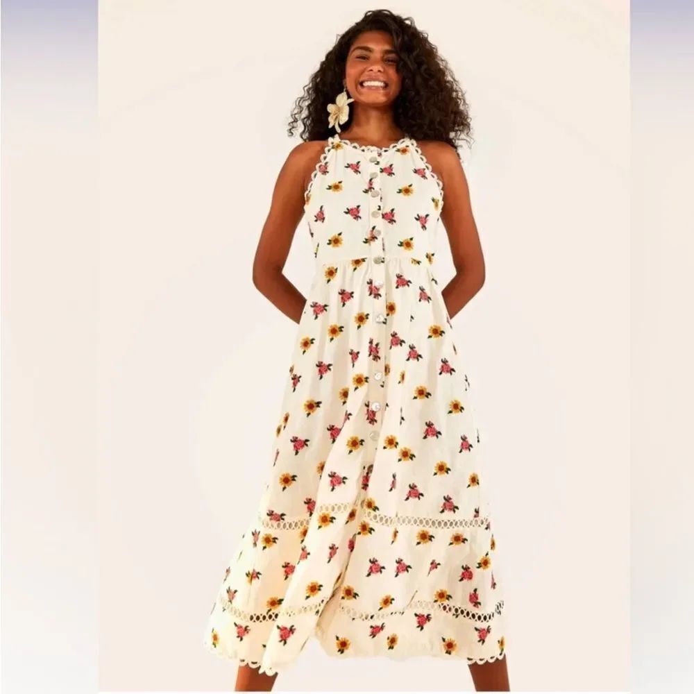 NWT Farm Rio White Linen Blend Mixed Cross Stitch Flowers Midi Dress M